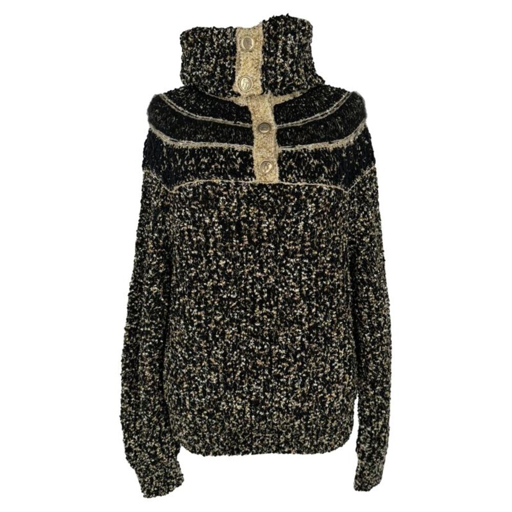 Chanel Gold Accent High-Neck Button Sweater in Black Wool